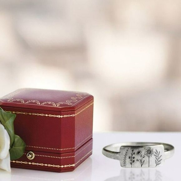 Carved Engraving Wildflowers Dandelion Daisy Silver Ring - Picture 6 of 8